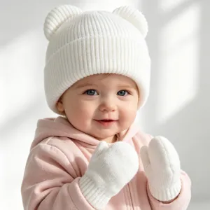 Detailansicht der kuscheligen Baby Strickmütze mit Bärenohren und Handschuhen für den Winter.