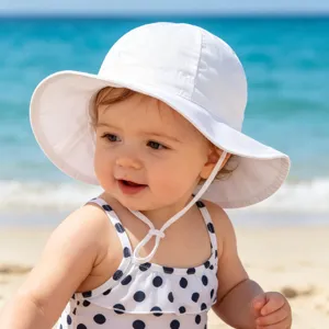 Toddler white sun hat with adjustable chin strap for outdoor beach summer wear kids