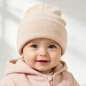 Detail shot of a soft beige baby cuffed beanie knit hat worn by an infant, cozy and warm.