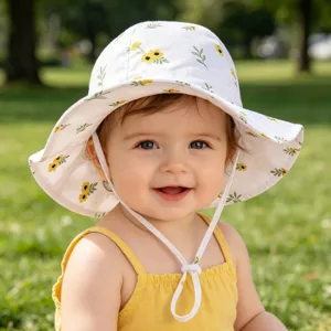 Close-up detail shot of a cute baby wearing a floral print sun hat outdoors on grass.