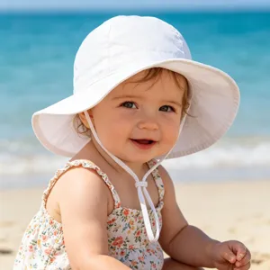 White kids sun hat bucket hat with adjustable strap for outdoor beach summer toddler sun protection