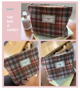 Vintage plaid tweed cosmetic bag for women, cute wool makeup organizer and travel pouch.