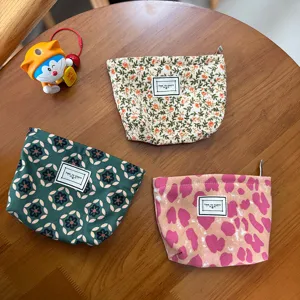 Corduroy cosmetic bag portable travel makeup pouch cute floral zipper storage bag for women