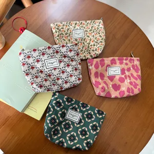 Corduroy cosmetic bag portable small makeup pouch cute floral zipper storage bag for girls