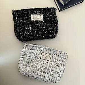 Tweed cosmetic pouch large capacity makeup bag chic plaid zippered travel organizer bag