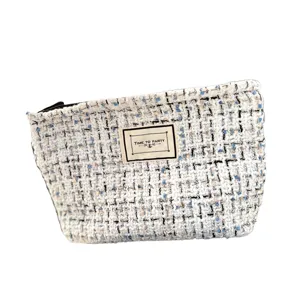 Tweed cosmetic bag large capacity portable makeup pouch stylish storage zipper bag white blue