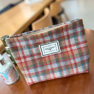 Fall winter plaid cosmetic bag woolen makeup pouch portable toiletry organizer for women