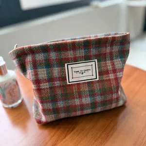 Winter plaid cosmetic bag, thick spun woolen toiletry pouch, multi-color storage handbag