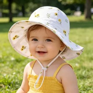 Cute baby sun hat with floral print and adjustable chin strap for outdoor toddler use.