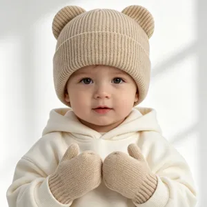 Schöne Kinder Winter Strick Bärenohr Mütze und Handschuhe Set, süße Kleinkind Mütze.