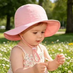 Pink toddler bucket hat with adjustable strap, cute sun protection hat for kids outdoor spring.