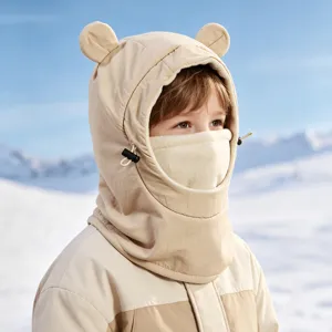 Kids winter warm windproof hat with cute bear ears, ski hood and integrated face mask.