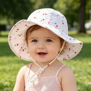 Cute baby cherry print bucket hat, soft cotton sun protection cap with windproof chin strap.