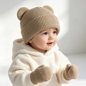 Süße Baby Winter Strickmütze mit Bärenohren und passenden Fäustlingen für Jungen und Mädchen