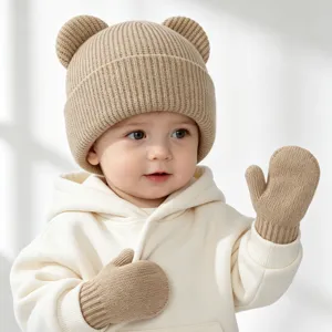 Niedliches Baby Strickmütze mit Bärenohren und Handschuhen Set Winter warm beige neu