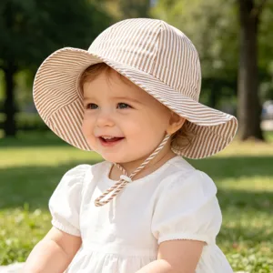 Cute striped toddler sun hat with adjustable strap, perfect for outdoor summer adventures.