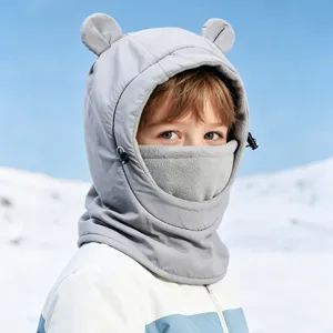 Cute kids winter warm windproof hat with bear ears, fleece lined hood for outdoor skiing.