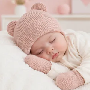 Süße Baby Winter Strickmütze mit Bärenohren und passenden warmen Fäustlingen Set.