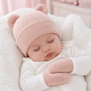 Süßes rosa Baby Strickmütze und Handschuhe Set mit Bärenohren für warme Wintertage.