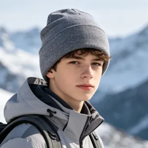 Grey winter knitted beanie hat for kids and adults, warm outdoor casual daily wear.