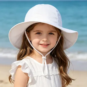 Kids white sun hat adjustable strap summer beach outdoor casual breathable bucket hat.