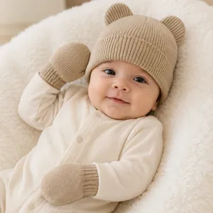 Süßes Baby Strick Mütze mit Bärenohren und Handschuhe Set Winter warm für Kinder