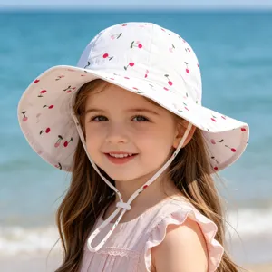 Kids summer sun hat with cute cherry print, breathable cotton bucket hat and windproof chin strap.