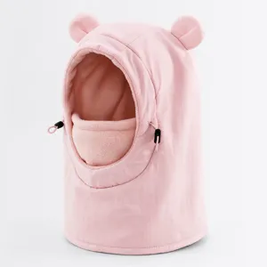 Kids pink warm fleece balaclava winter cute bear ear windproof outdoor skiing face mask hat