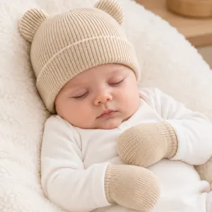 Niedliche Baby Strickmütze mit Bärenohren und Handschuhen, warme Wintermütze für Kleinkinder.