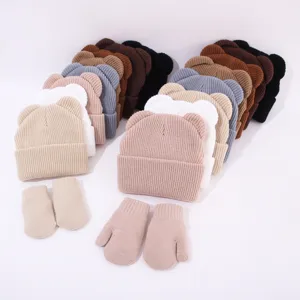 Kinder Winter Mütze Set Bär Ohren Strick Mütze und warme Handschuhe für Jungen und Mädchen