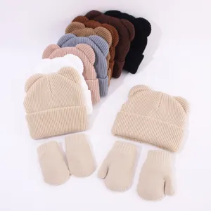 Kinder Winter süße Bärenohr Strickmütze und Handschuhe Set kuschelige Wollmütze.