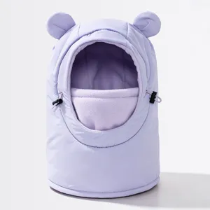 Children fleece winter hat detail view, cute bear ears, windproof purple hood for kids.