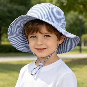 Kids striped bucket hat detail showing adjustable chin strap and soft brim fabric for summer outdoor.