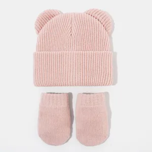 Niedliche Bärenohren Strickmütze und warme Handschuhe für Kinder, gemütliches und warmes Winterset.