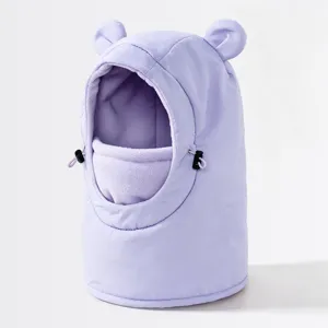 Kids winter fleece balaclava cute bear ears warm windproof ski hat purple outdoor