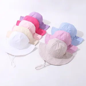 Children bucket hat details showing solid and striped colorful sun hats with adjustable cords.