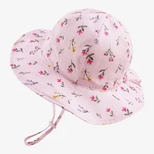 Infant pink floral bucket hat detail, cute summer sun protection hat with adjustable chin strap.