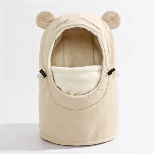 Kids winter windproof warm balaclava hat cute bear ears fleece lined outdoor ski cap beige