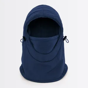 Donkerblauwe winter fleece winddichte fietskap detailweergave, dik thermisch gezichtsmasker.