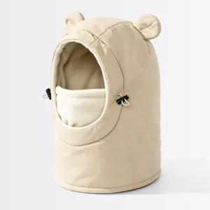 Kids fleece thermal windproof balaclava hat with cute bear ears for outdoor winter sports.