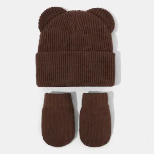 Braune geflochtene Barenohren Mutte und Handschuhe Set fur Kinder Winter warme Beanie