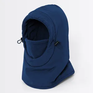 Gedetailleerd overzicht van de donkerblauwe winter winddichte thermische fleece bivakmuts met trekkoorden.