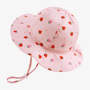 Pink baby sun hat with cute strawberry print and adjustable chin strap for kids.