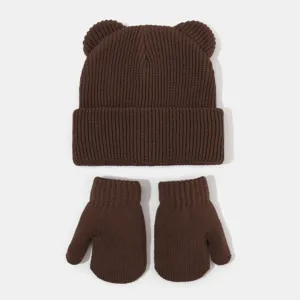 Süßes Bärenohren Strickmütze und Handschuhe Set für Kinder im Winter warme Mütze braun