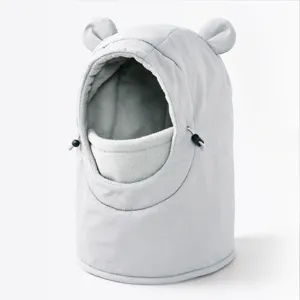 Kids winter windproof thermal balaclava cute bear ears outdoor ski warm hood grey
