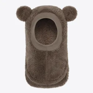 Braune Fleece Kinder Sturmhaube Detailansicht, süße Bärenohren Winter warme Mütze Schal.
