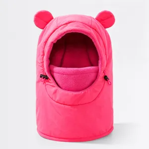 Pink fleece winter children balaclava warm windproof ski hood with cute animal ears detail.