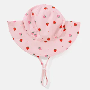 Cute strawberry print baby sun hat with windproof rope, soft and comfortable bucket hat.