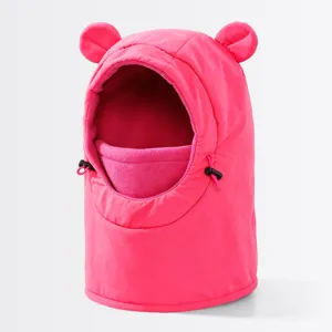 Detailed view of kids pink winter fleece warm balaclava hat with cute bear ears and drawstring.
