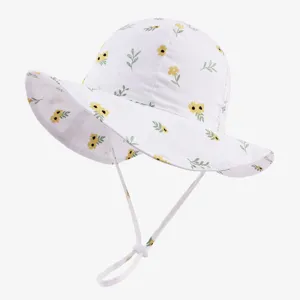 Cute floral print baby sun hat detail, white cotton bucket hat with adjustable chin strap.